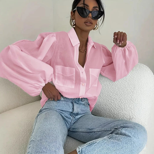 Chemise femme à manches bouffantes disponible en noir, bleu, rose, blanc et jaune clair - SecretBombe.
