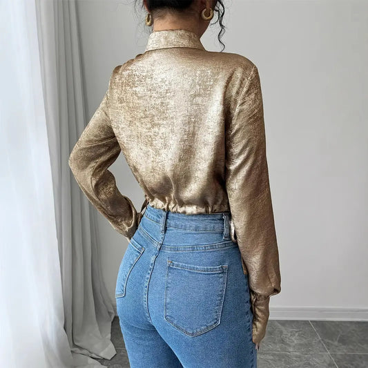 Haut satin doré élégant, style habillé pour femme, grandes tailles L à 5XL.