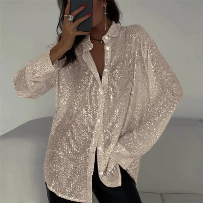 Chemise élégante femme en sequins scintillants, coupe slim fit soirée