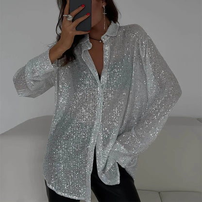 Chemise femme à sequins brillants, manches longues et col à revers