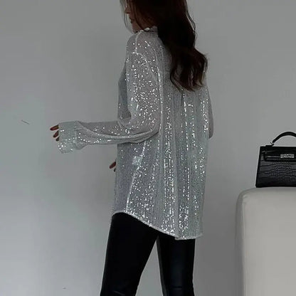 Chemise femme à sequins brillants, manches longues et col à revers