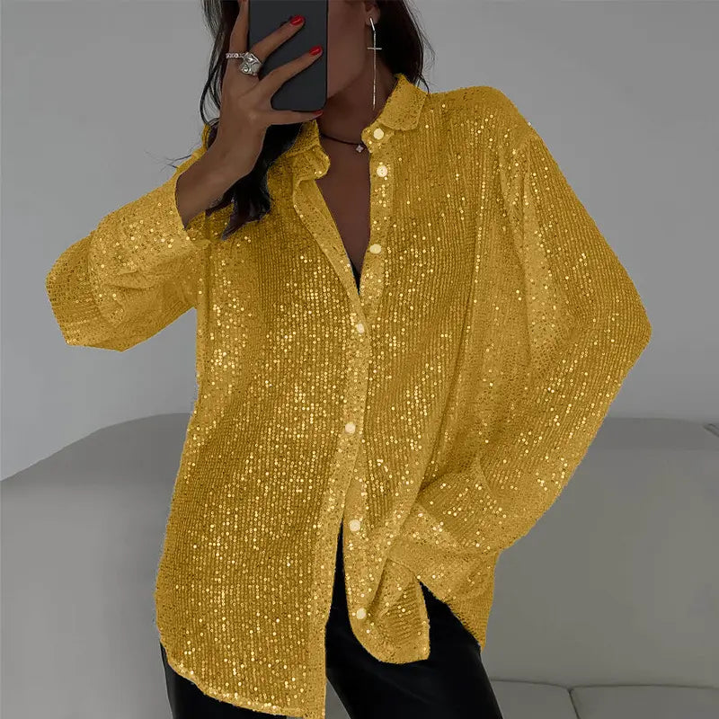 Chemise élégante soirée femme manches longues décorée de sequins