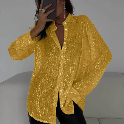 Chemise élégante soirée femme manches longues décorée de sequins
