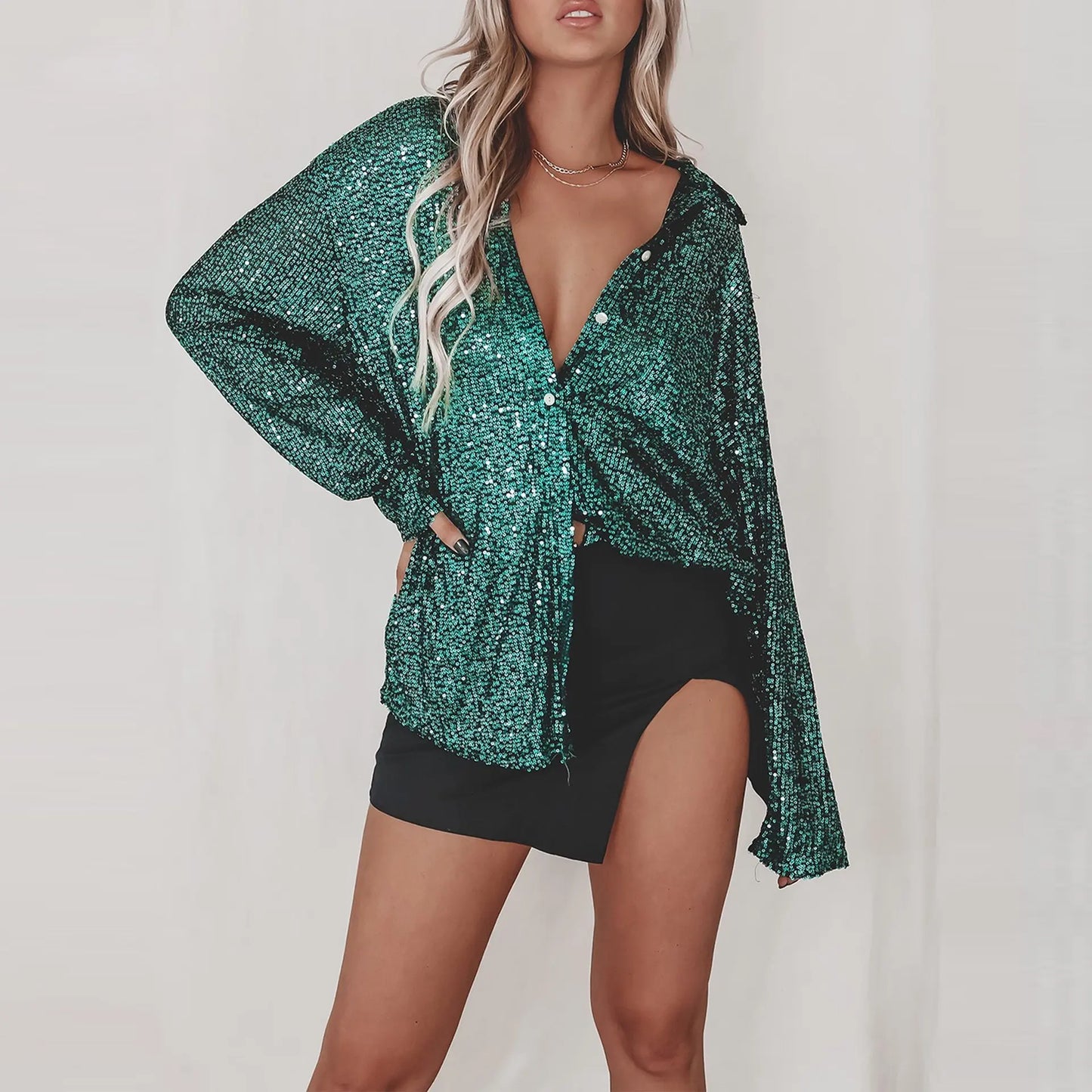 Chemise chic noire femme avec sequins et style glamour