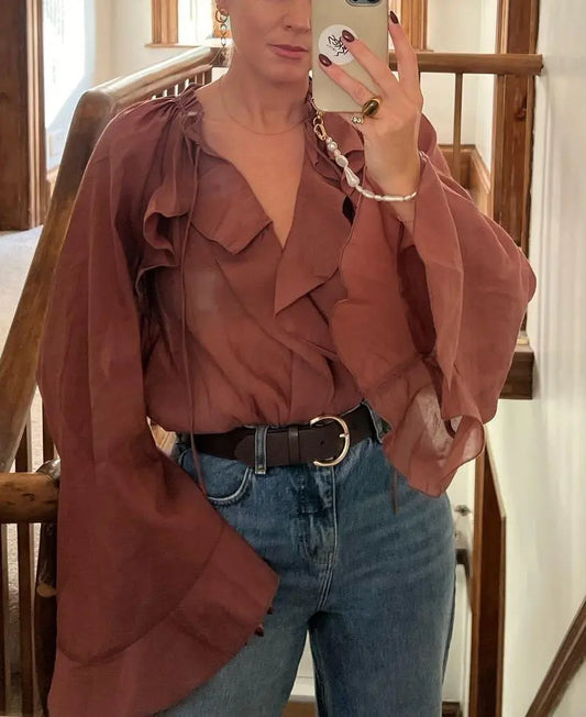 Blouse bois de rose femme à manches longues et volants