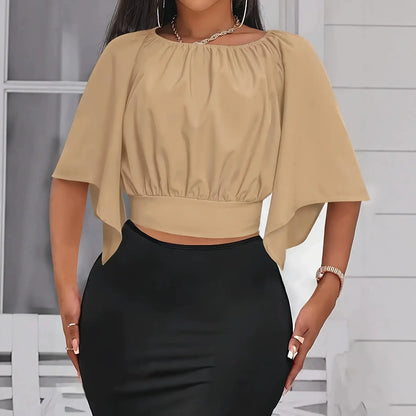 Chemisier femme coloris Beige manches pétale trois-quarts - SecretBombe