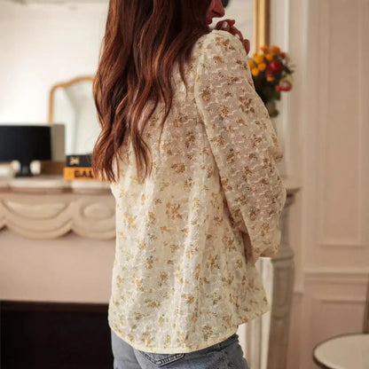 Haut fleuri beige à manches longues volumineuses pour femme SecretBombe.