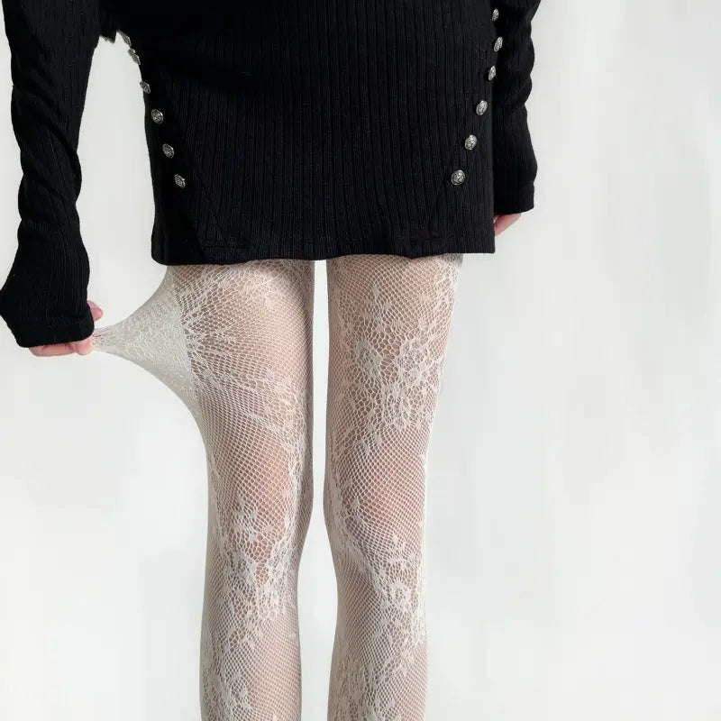 Collant résille fleuri noir femme SecretBombe motif floral élégant look chic avec jupe