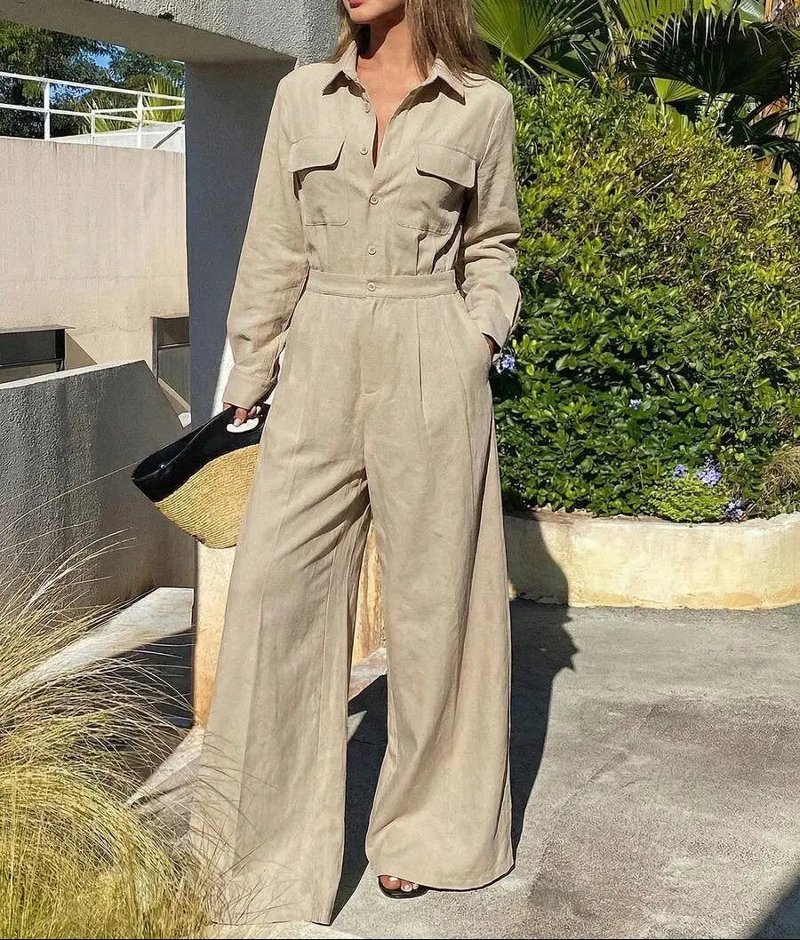Combinaison pantalon femme beige ceinturée à jambes larges SecretBombe
