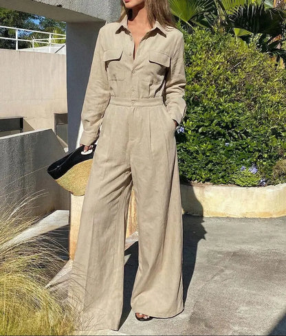 Combinaison pantalon femme beige ceinturée à jambes larges SecretBombe