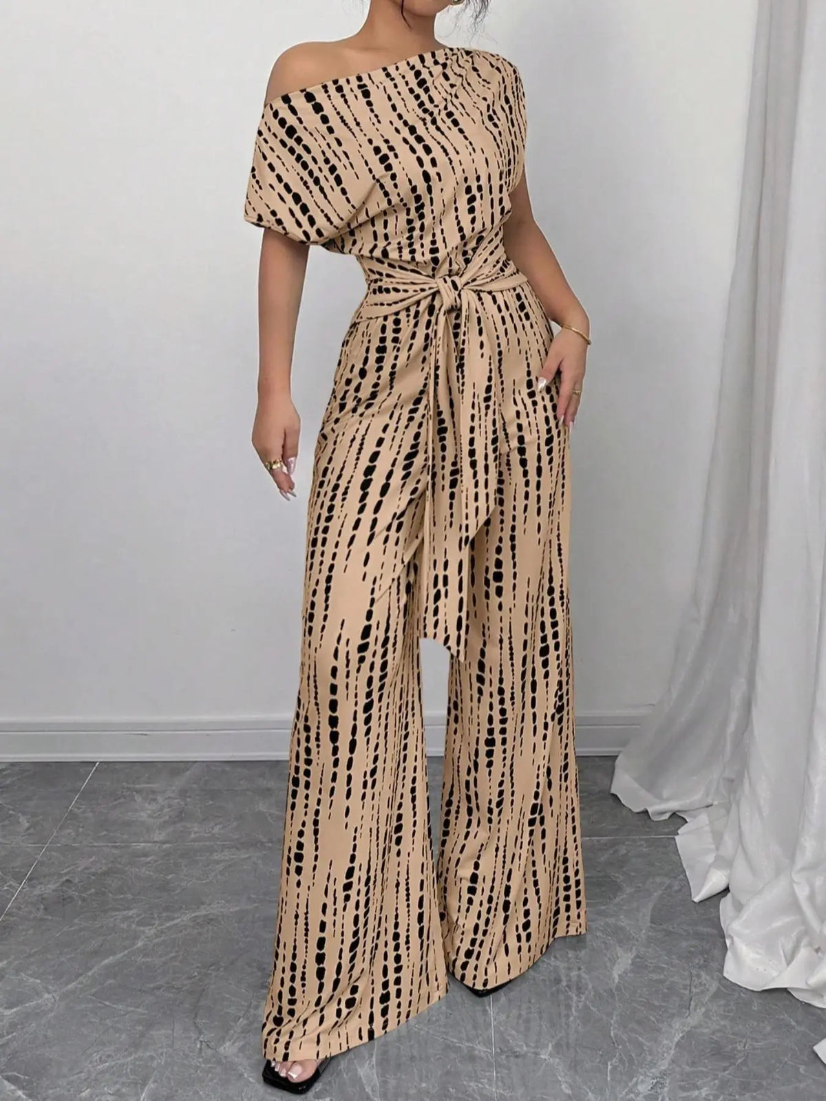 Combinaison beige femme imprimé avec pantalon fluide SecretBombe
