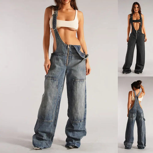Combinaison denim noire et bleu femme, bretelles drapées, look confortable et tendance