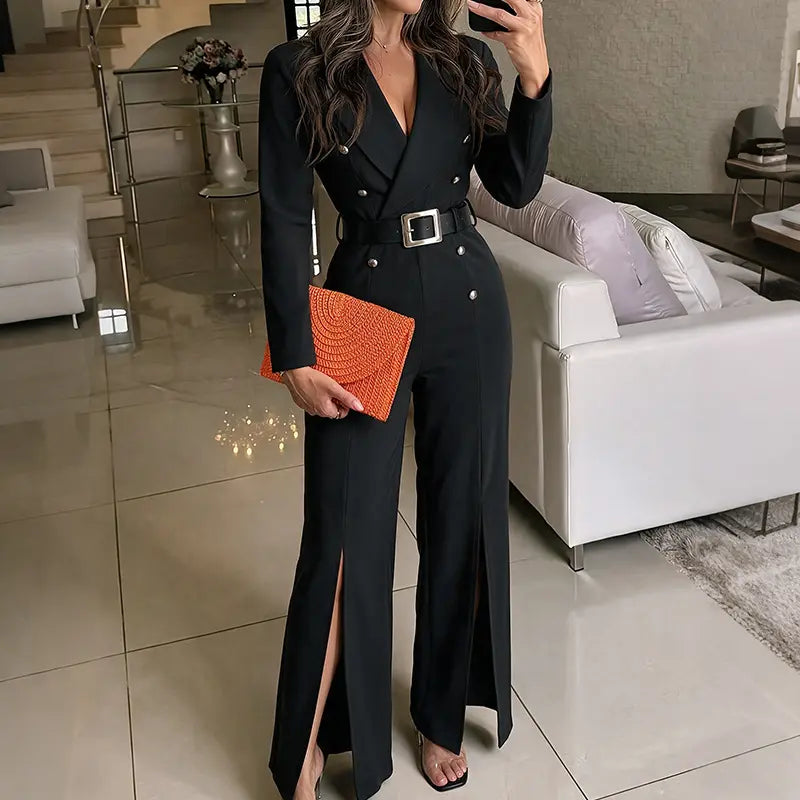 Combinaison pantalon femme noire avec ceinture à boucle SecretBombe