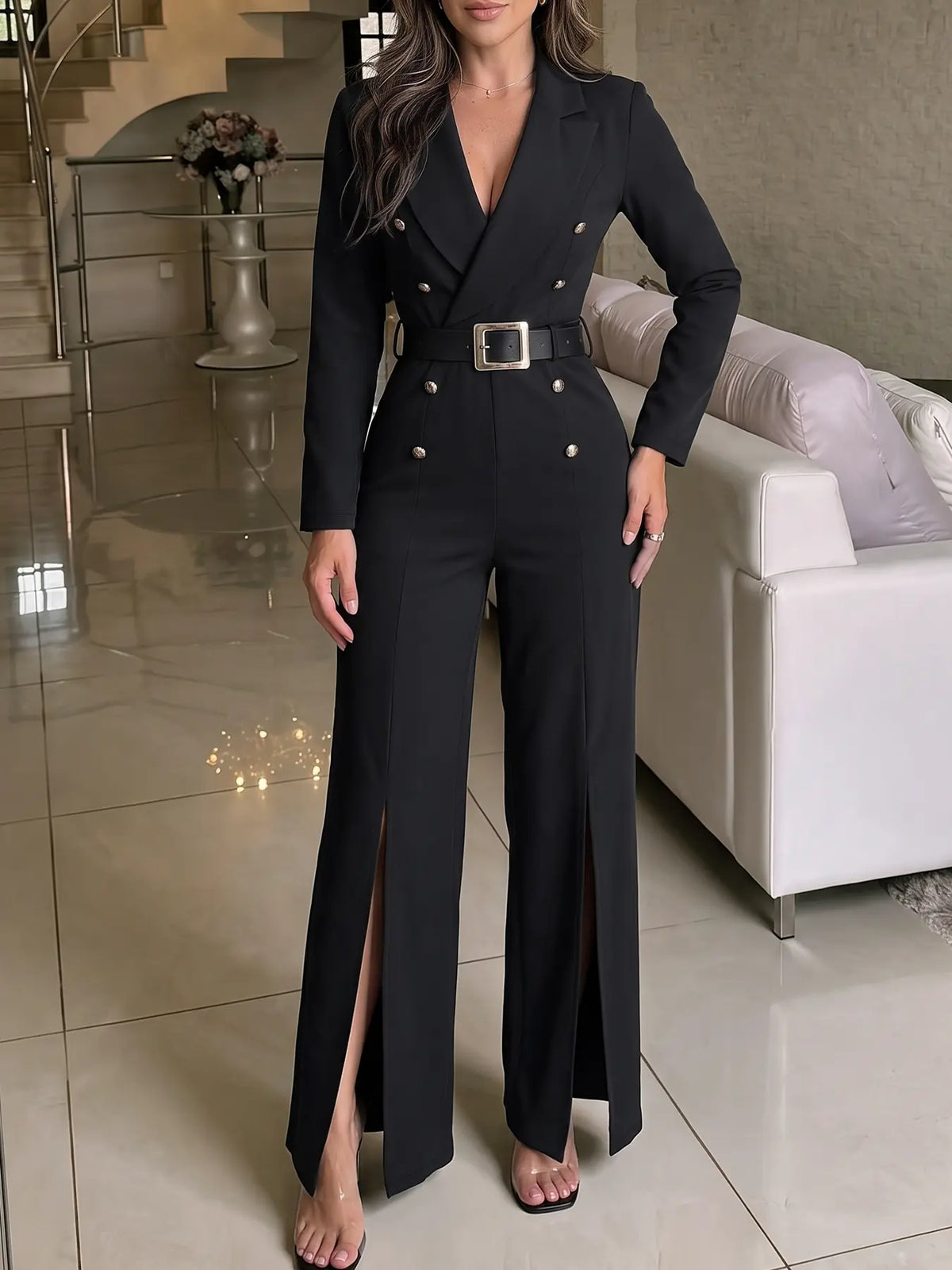 Combinaison femme noire cintrée avec ceinture à boucle SecretBombe