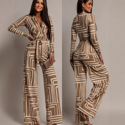 Combinaison femme taupe et blanc à imprimé géométrique SecretBombe