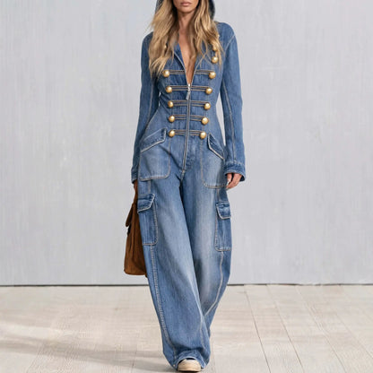 Combinaison en jean femme au style chic avec boutons décoratifs SecretBombe