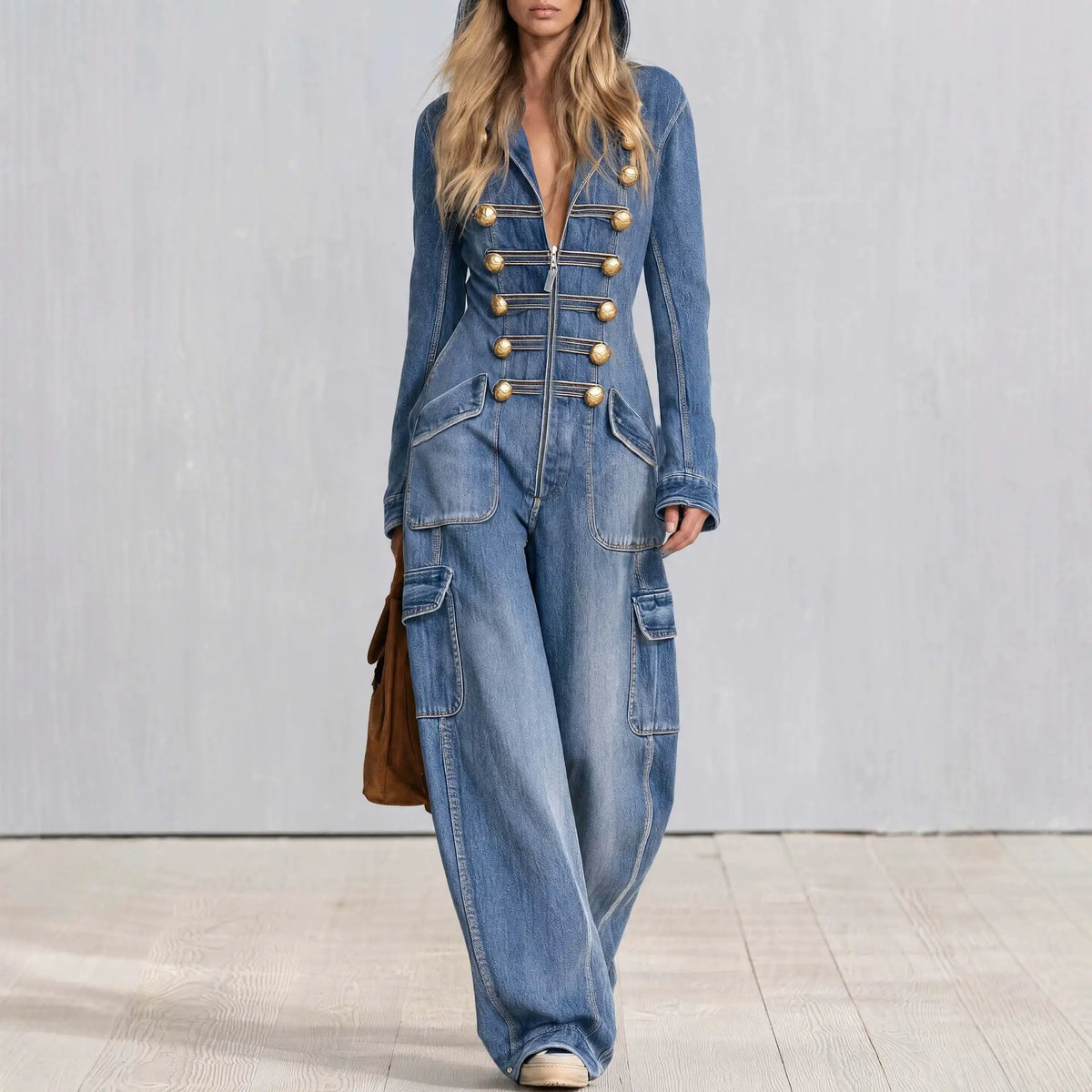 Combinaison pantalon en jean femme avec boutons dorés SecretBombe