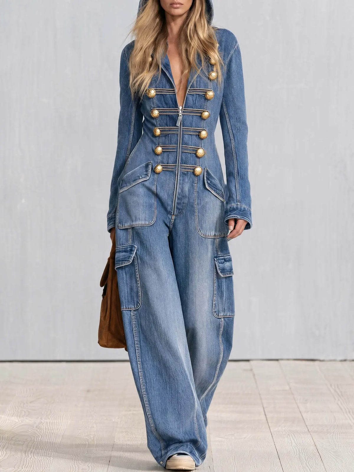 Combinaison pantalon en jean femme avec boutons dorés SecretBombe