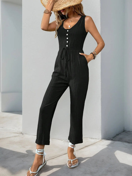 Combinaison longue fluide noire femme, décolleté V et boutons décoratifs