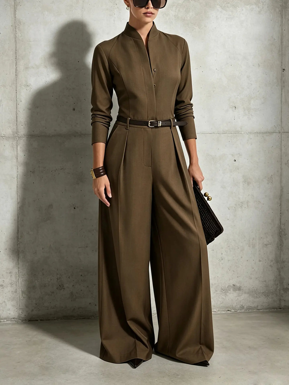 Combinaison pantalon femme marron à ceinture et jambes larges SecretBombe