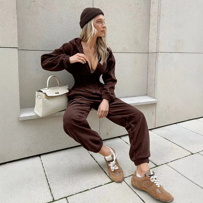 Combinaison femme marron à capuche et taille cintrée SecretBombe