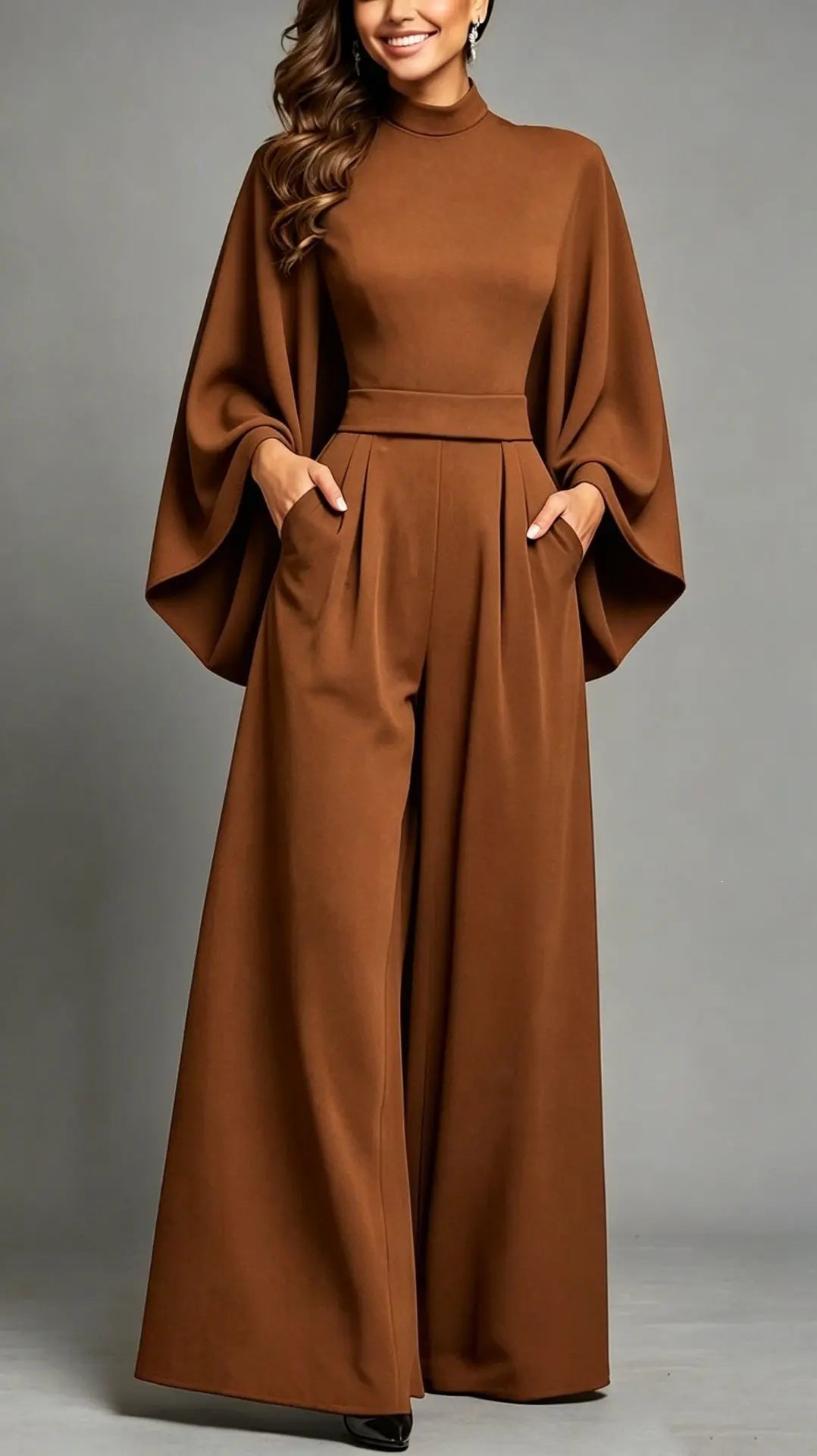 Combinaison marron femme à taille marquée et pantalon fluide SecretBombe
