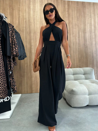Combinaison pantalon noire femme chic à jambes larges SecretBombe