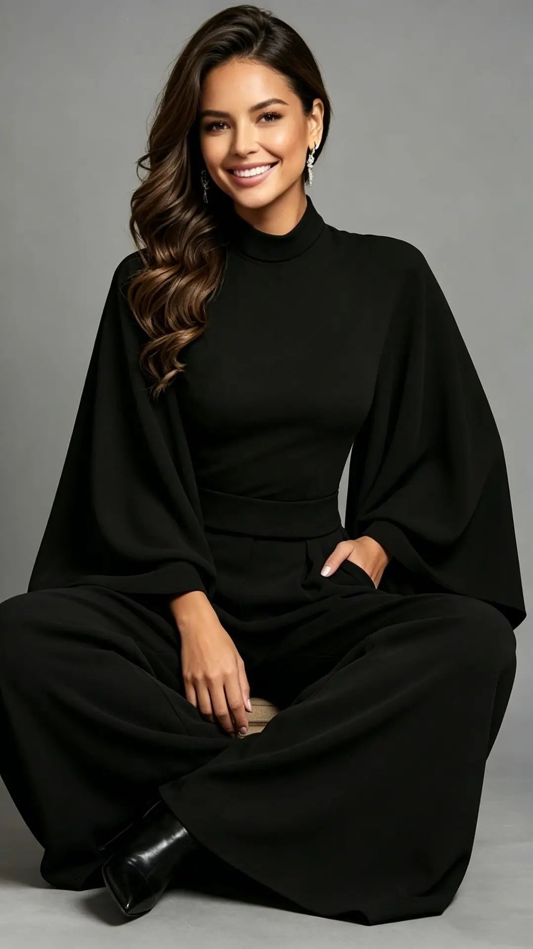 Combinaison femme noire à pantalon fluide et manches longues SecretBombe