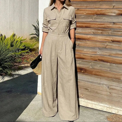 Combinaison femme beige à manches longues et pantalon large SecretBombe