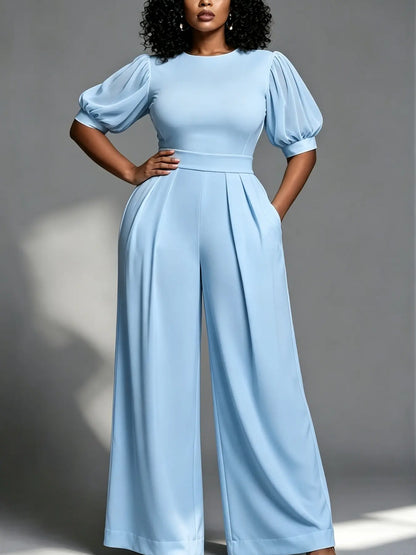 Combinaison pantalon femme bleu ciel à manches bouffantes SecretBombe