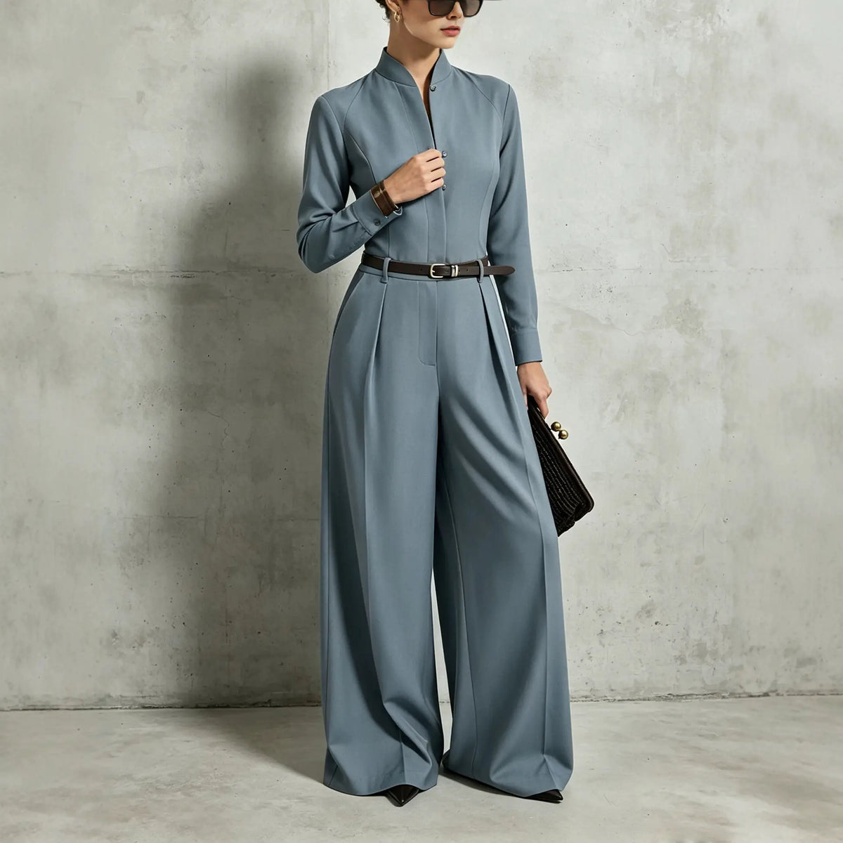 Combinaison pantalon femme bleu gris à jambes larges SecretBombe