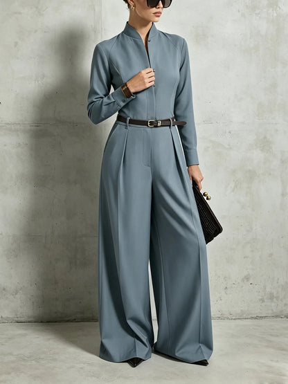 Combinaison femme bleu gris à ceinture et pantalon large SecretBombe