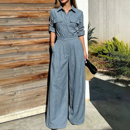 Combinaison pantalon femme bleu gris à coupe large SecretBombe
