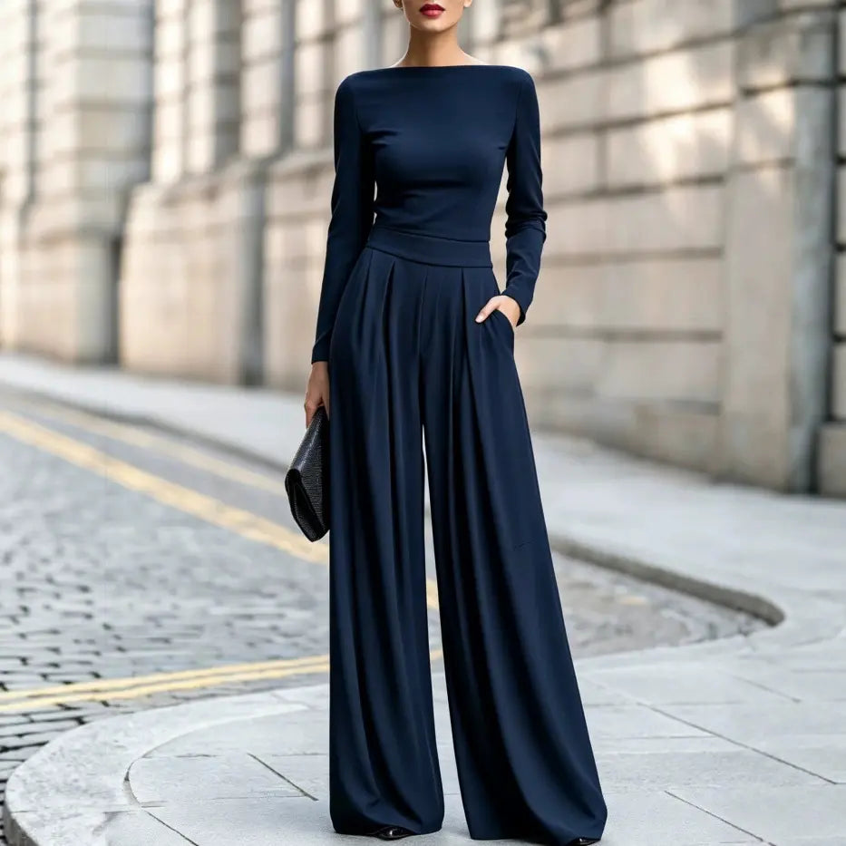 Combinaison pantalon femme bleu marine fluide à manches longues SecretBombe
