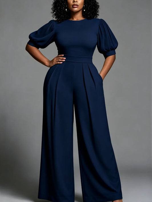 Combinaison pantalon femme bleu marine à manches bouffantes SecretBombe