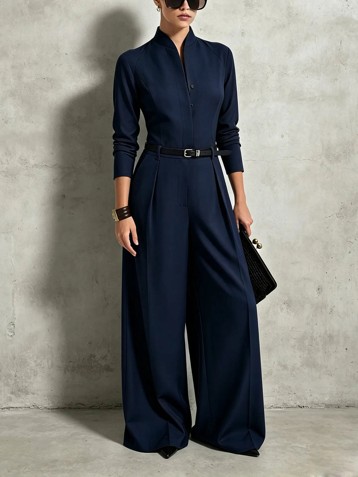 Combinaison pantalon femme bleu marine à taille ceinturée SecretBombe
