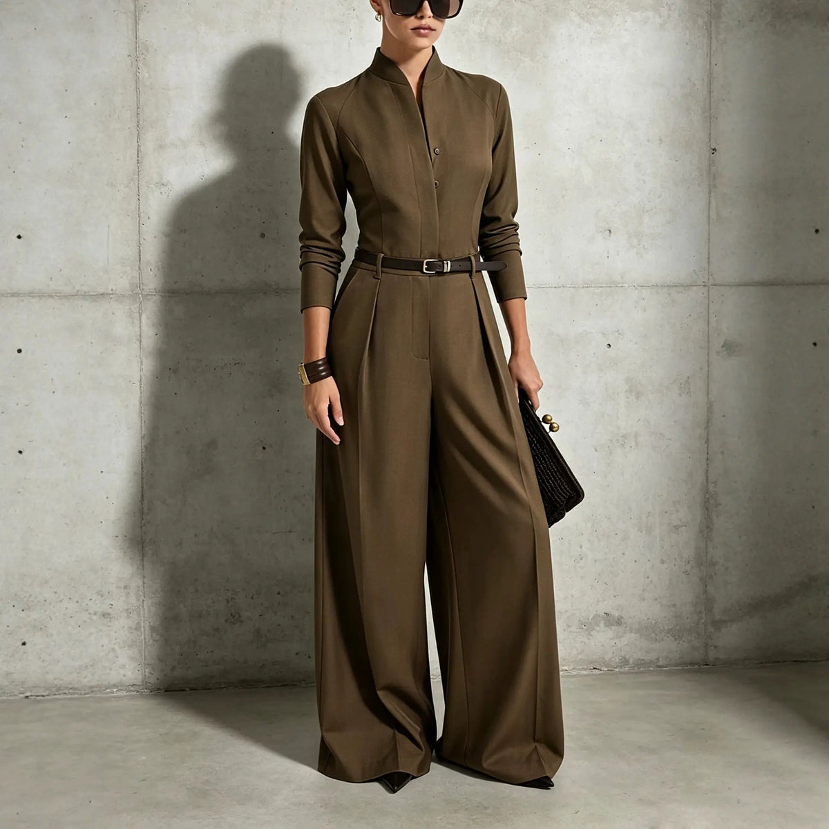 Combinaison pantalon femme marron à ceinture et jambes larges SecretBombe