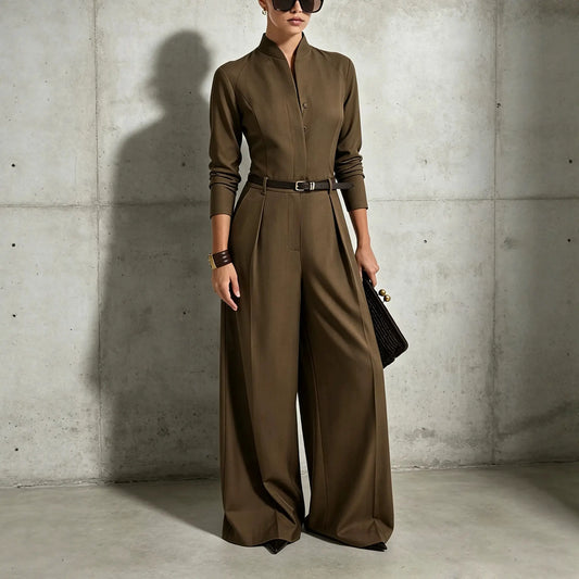 Combinaison pantalon femme marron à ceinture et jambes larges SecretBombe