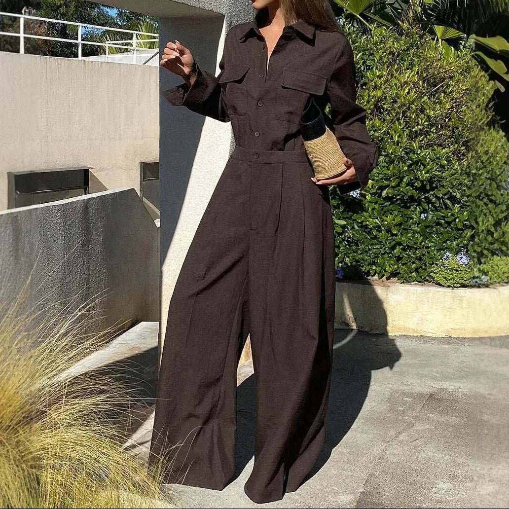 Combinaison pantalon femme marron à manches longues et coupe fluide SecretBombe