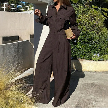 Combinaison pantalon femme marron à manches longues et coupe fluide SecretBombe