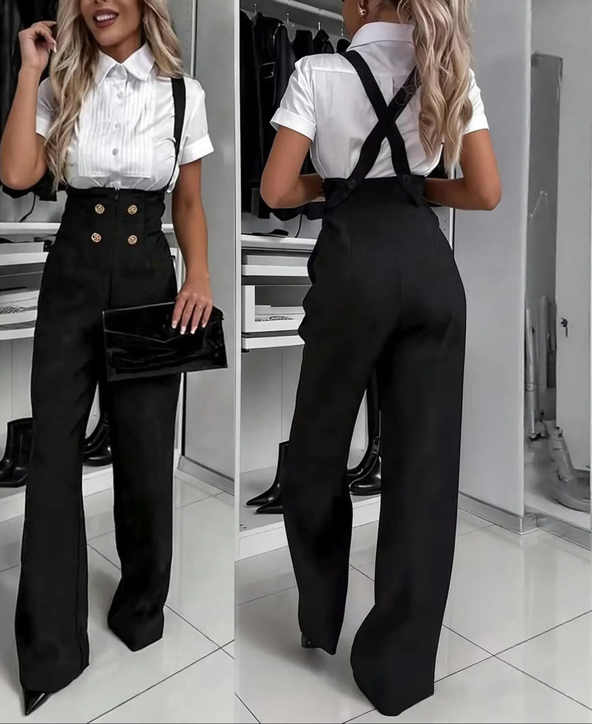 Combinaison noire femme à bretelles croisées et pantalon large SecretBombe