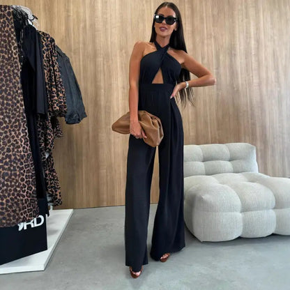 Combinaison pantalon femme noire dos nu à jambes larges SecretBombe