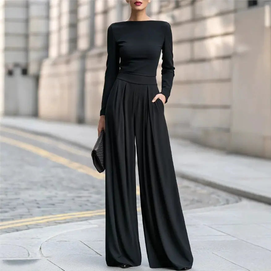 Combinaison pantalon femme noire fluide à manches longues SecretBombe