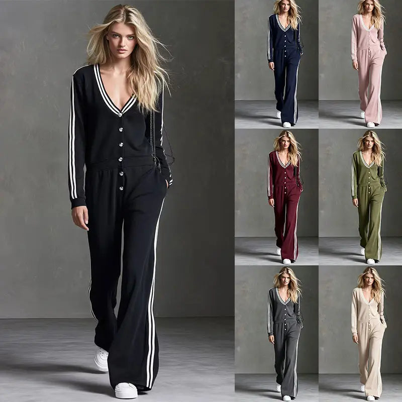 Combinaison pantalon femme noire à liserés blancs et coupe fluide SecretBombe