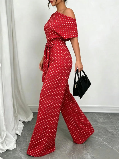 Combinaison pantalon femme rouge à pois et épaules dégagées SecretBombe