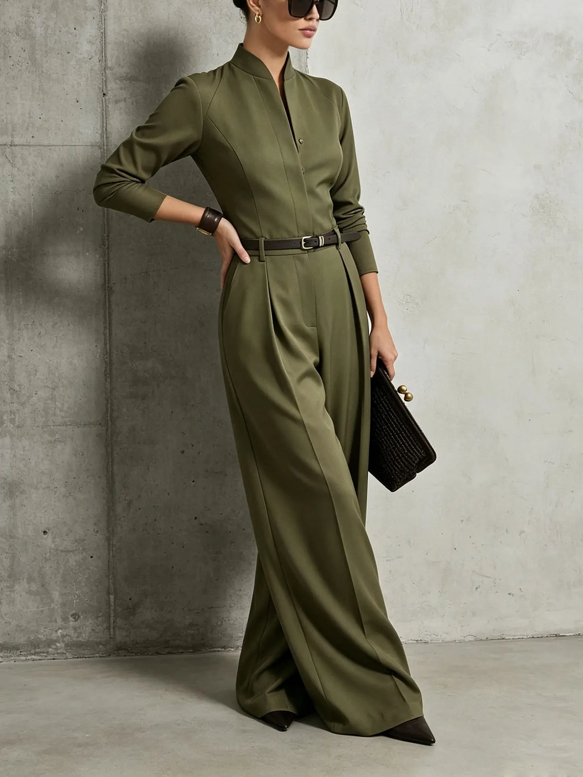 Combinaison pantalon femme vert kaki à taille ceinturée SecretBombe
