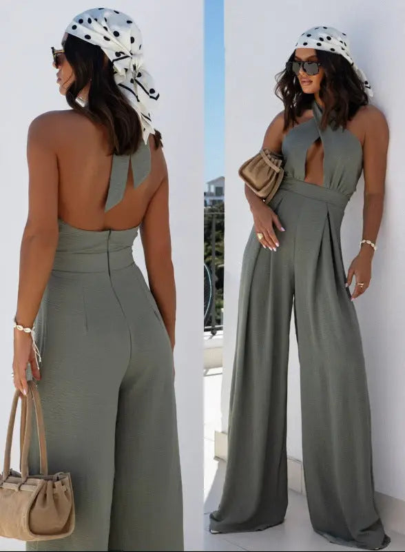 Combinaison pantalon femme verte à décolleté profond et style chic SecretBombe