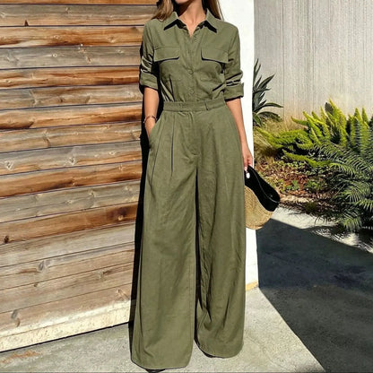 Combinaison pantalon femme verte à manches longues et jambes larges SecretBombe