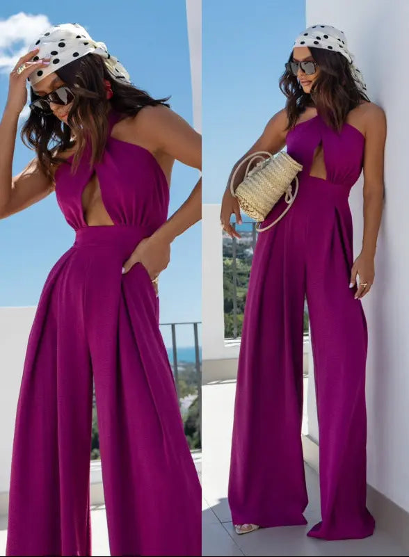 Combinaison pantalon femme violette dos nu à jambes larges SecretBombe