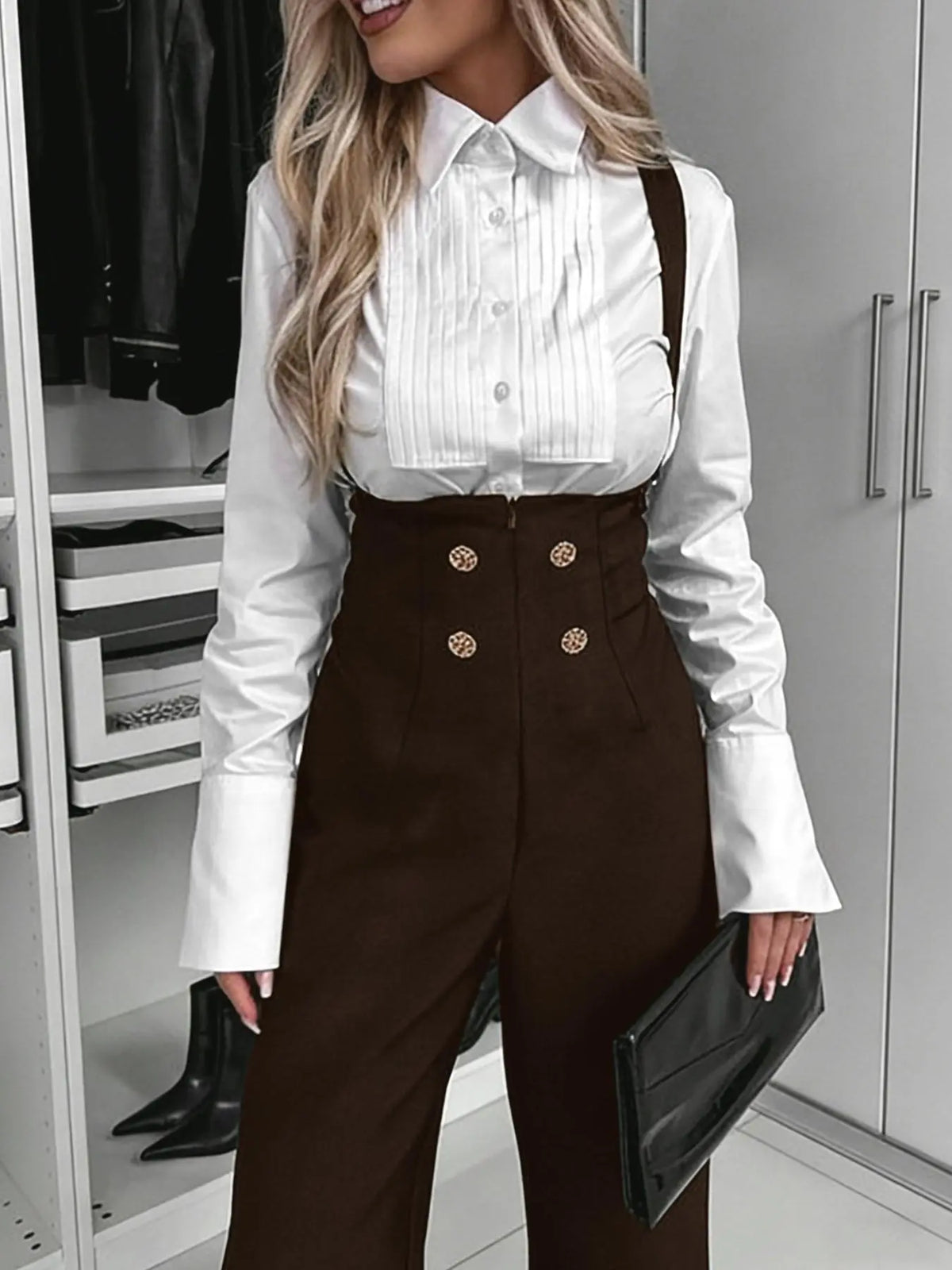 Combinaison femme marron à bretelles avec boutons décoratifs SecretBombe